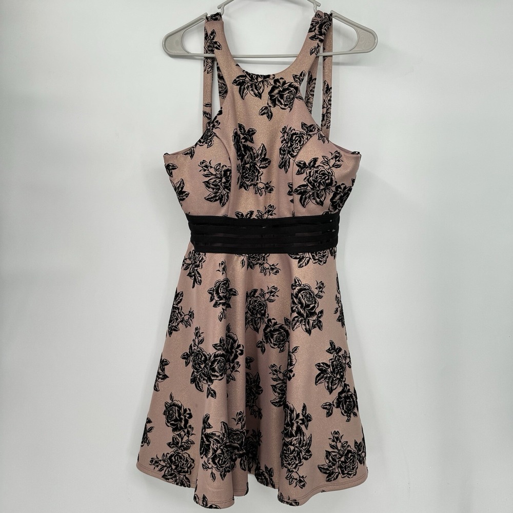 City Studio M Skater Dress Women Rose‎ Gold Black Floral Mesh Waist Halter 13